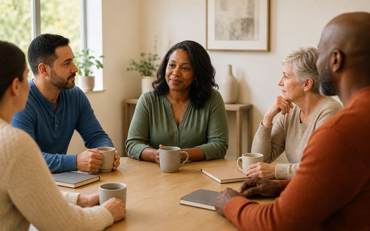 Diverse adults having a calm, supportive recovery discussion around a table