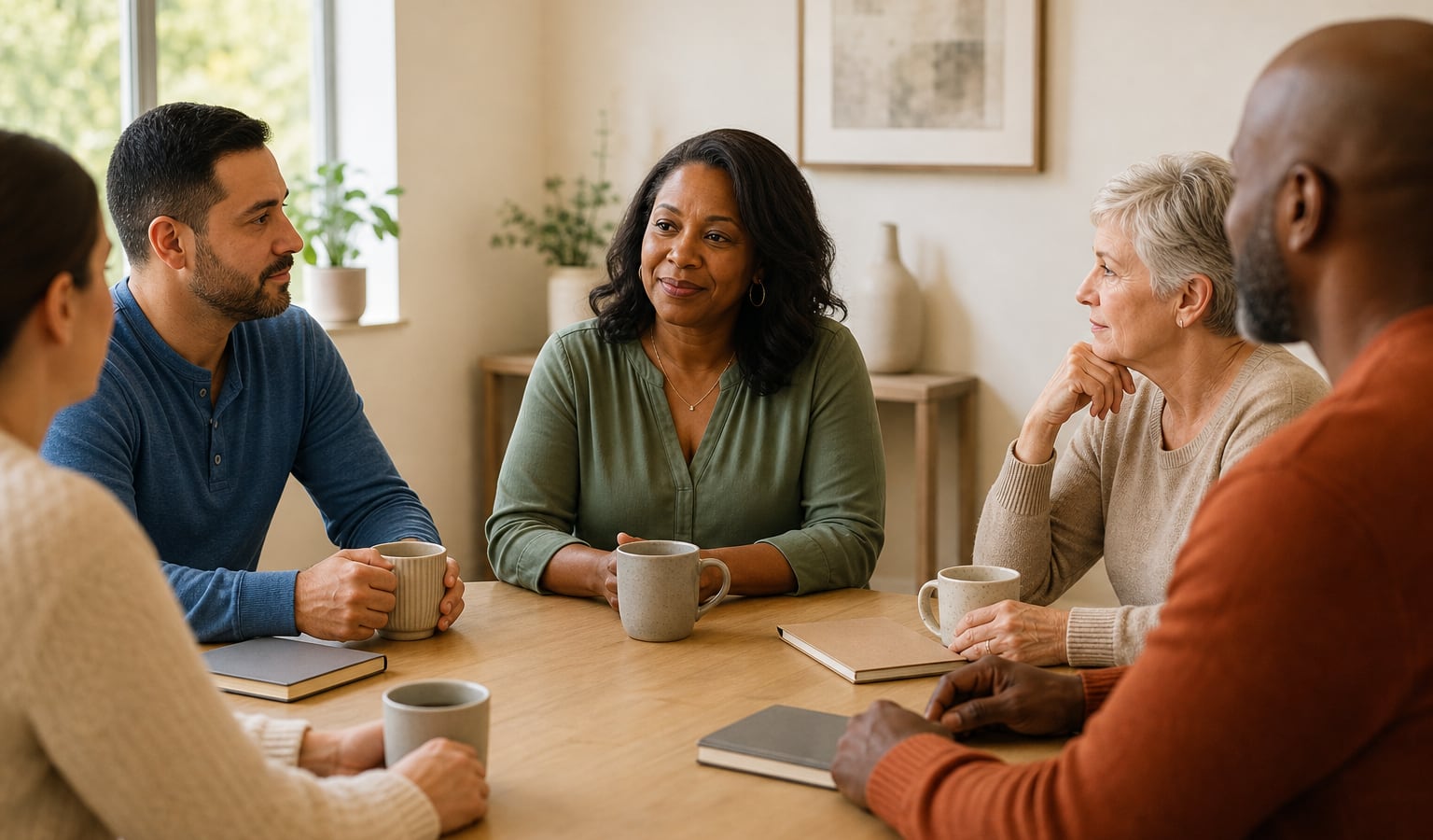Diverse adults having a calm, supportive recovery discussion around a table