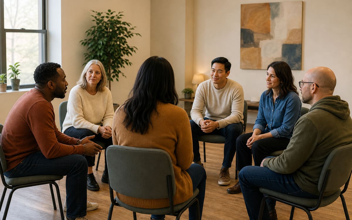 Diverse adults sharing a calm, supportive conversation in a private recovery meeting