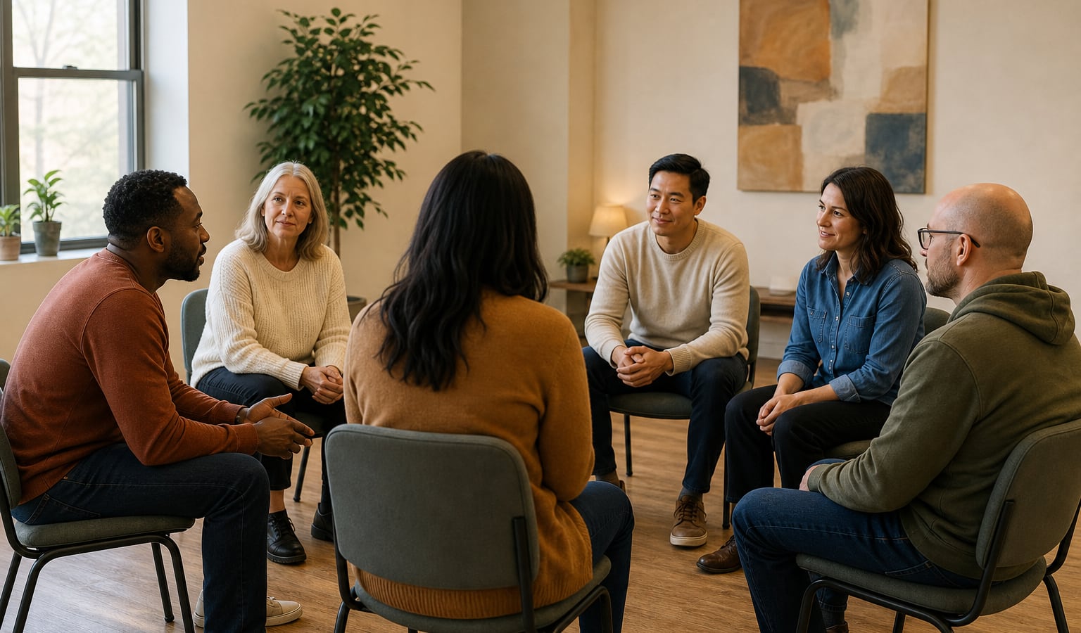 Diverse adults sharing a calm, supportive conversation in a private recovery meeting