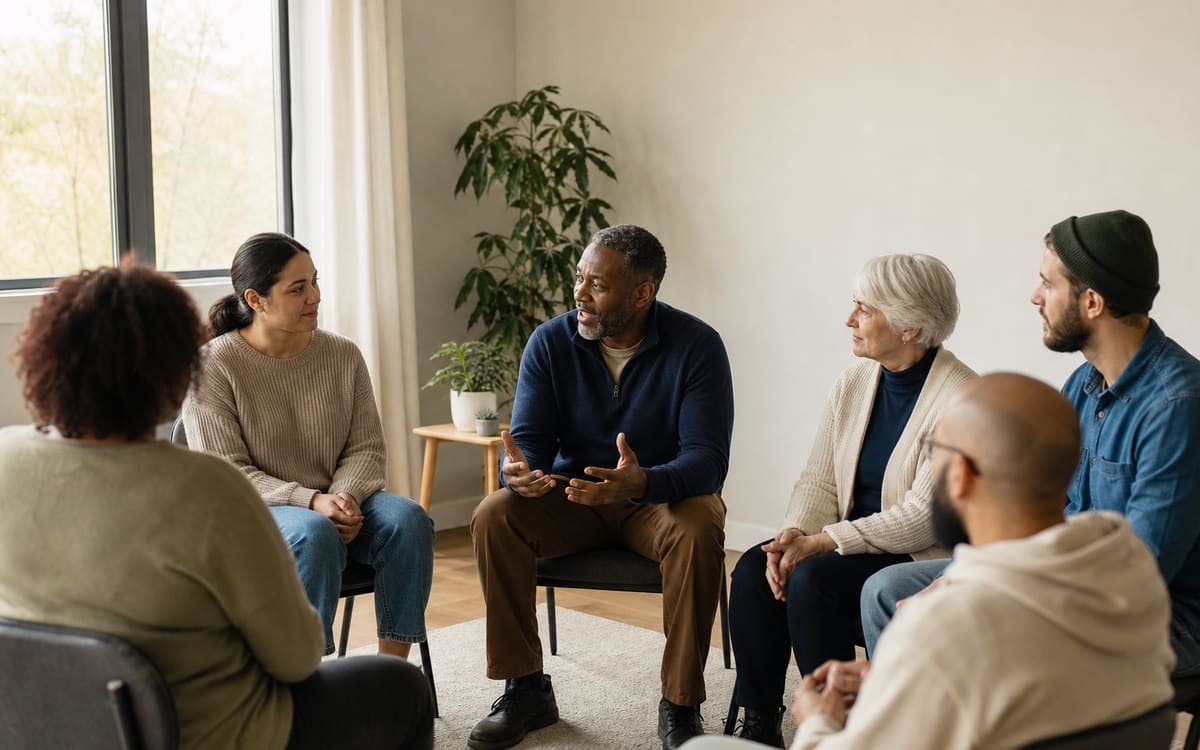 A welcoming circle of adults connecting before a recovery meeting