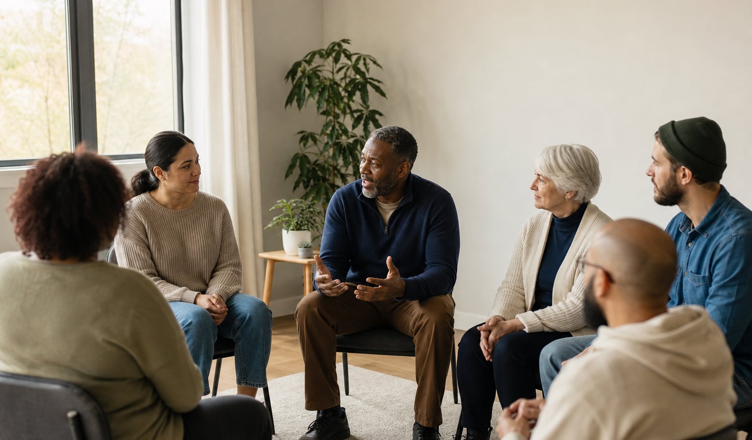 A welcoming circle of adults connecting before a recovery meeting