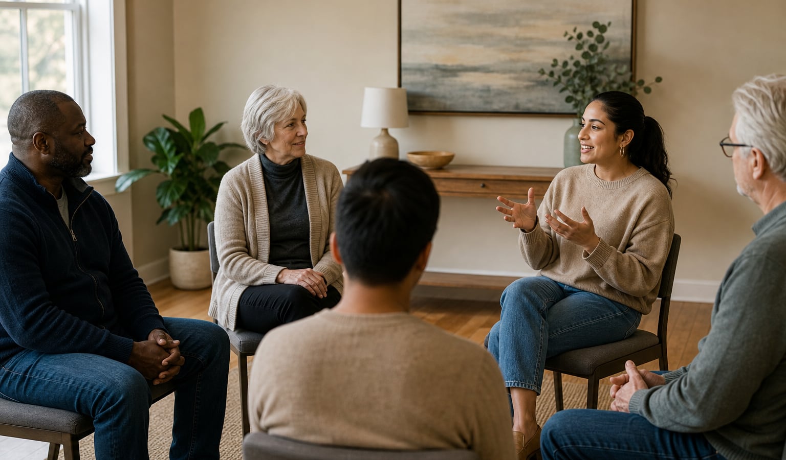 Diverse adults sharing a calm, supportive conversation in a private meeting room