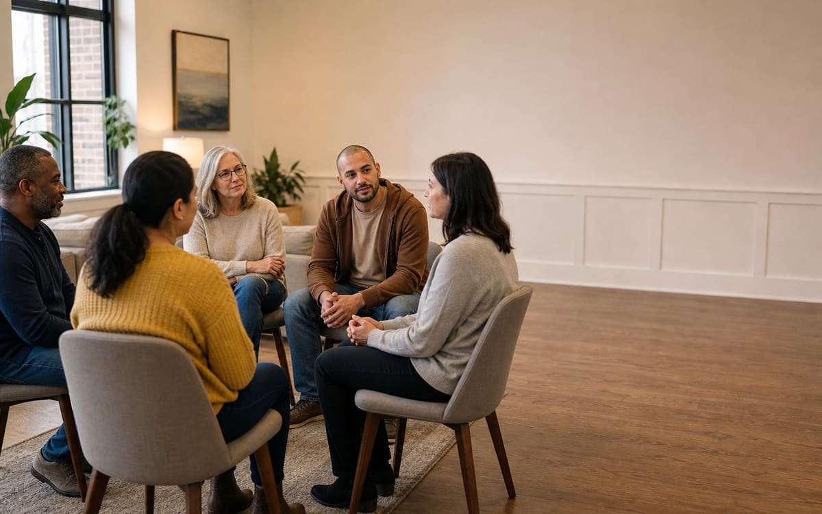 Adults sharing a calm, supportive recovery conversation in a welcoming room