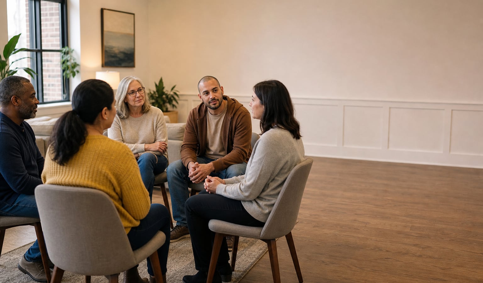 Adults sharing a calm, supportive recovery conversation in a welcoming room
