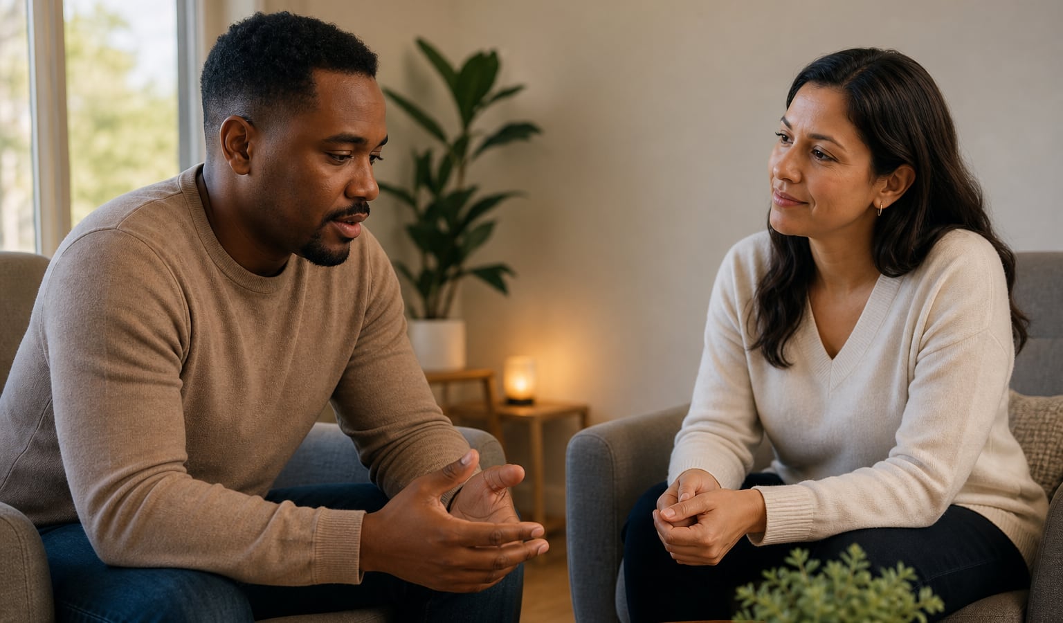 Reflective adult speaking with a supportive friend in a calm, hopeful setting