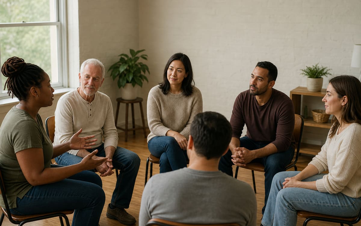 A supportive group of adults talking together in a welcoming recovery meeting