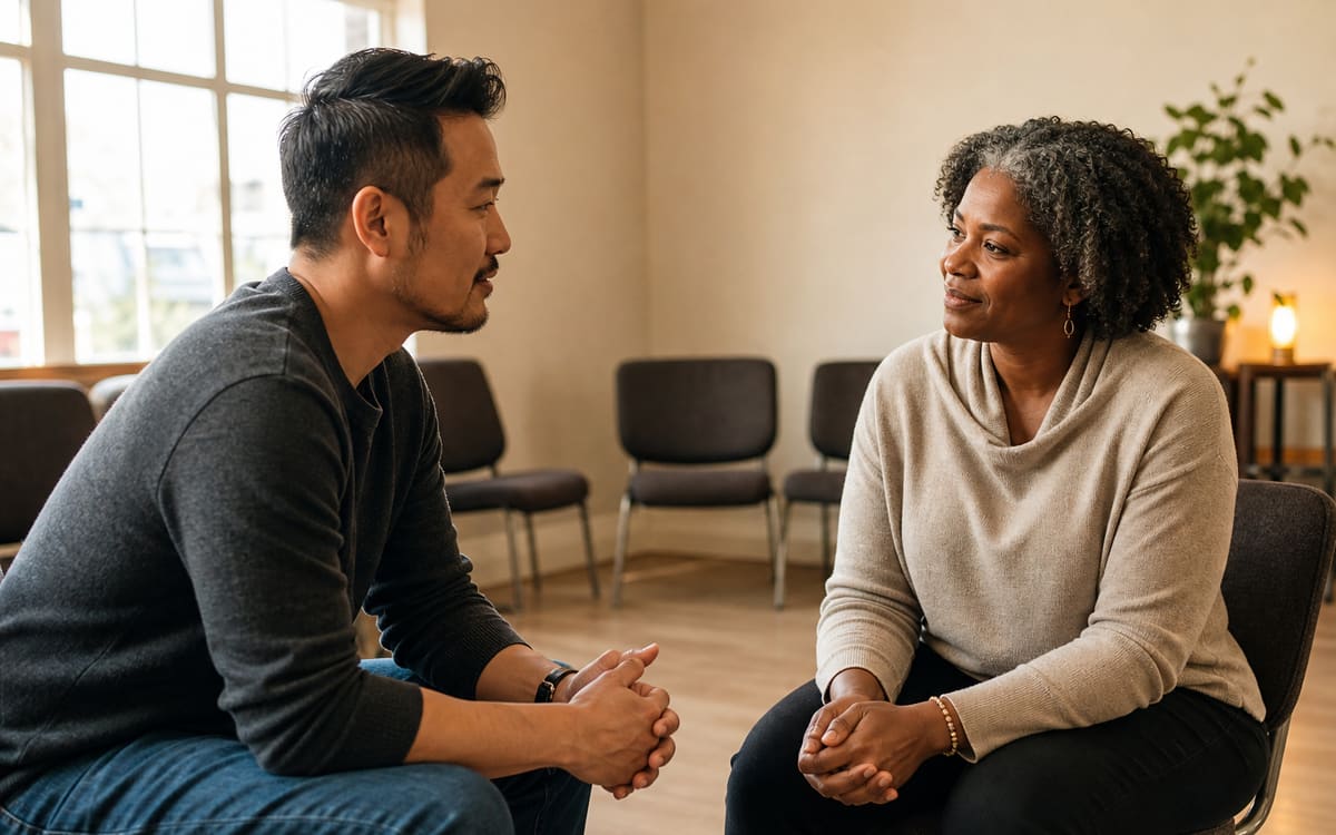 Two adults having a supportive conversation after a recovery meeting