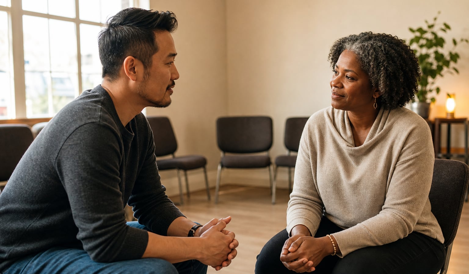 Two adults having a supportive conversation after a recovery meeting