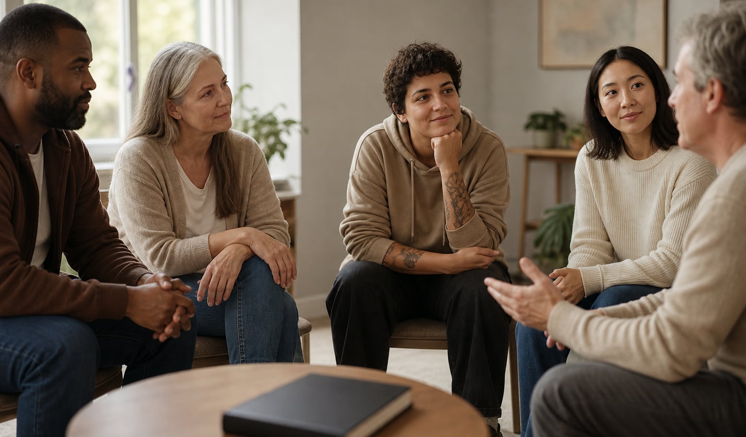 Adults in a supportive circle with an unmarked recovery book resting on a table