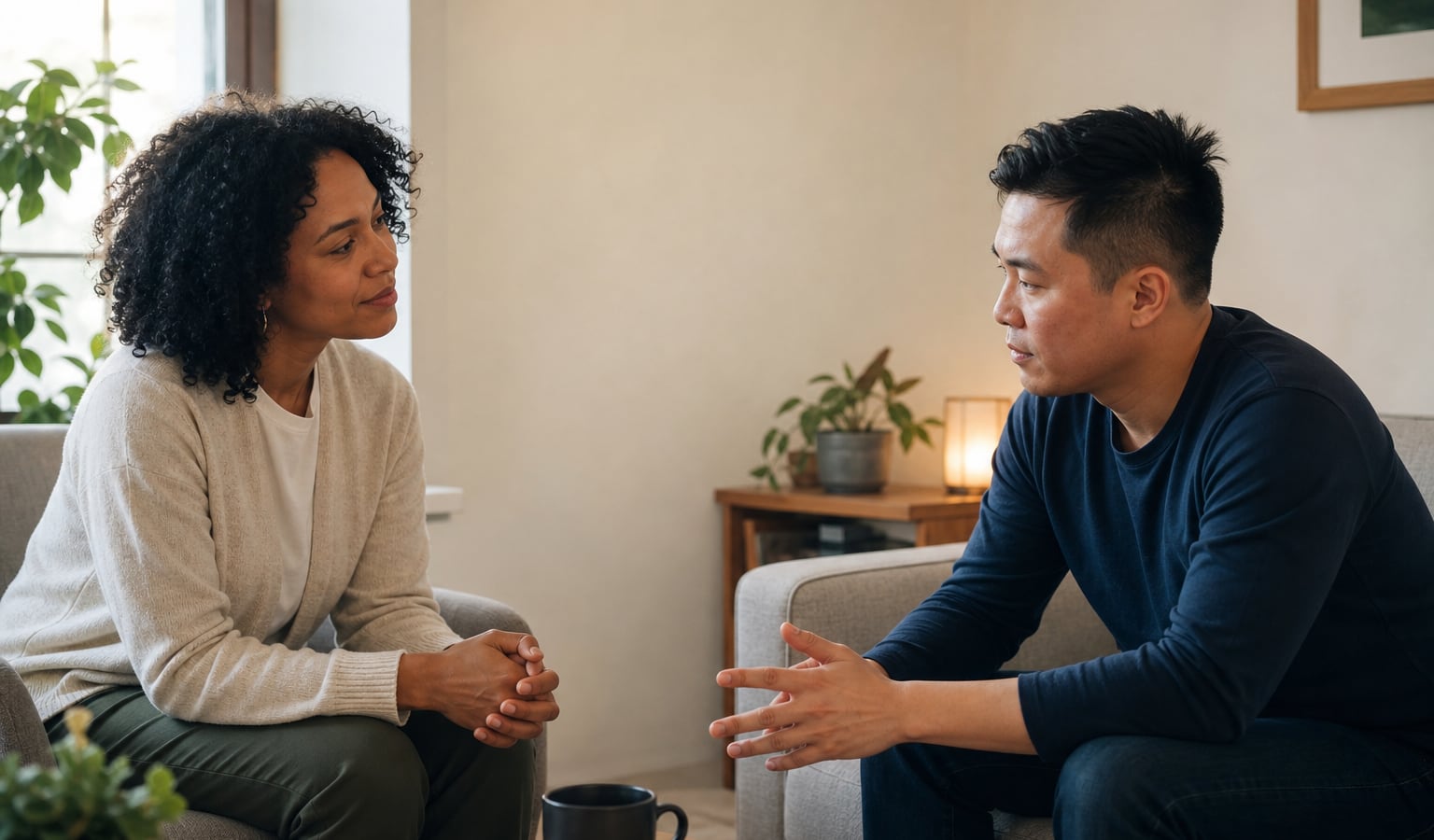 Adult having a calm, supportive conversation about their drinking