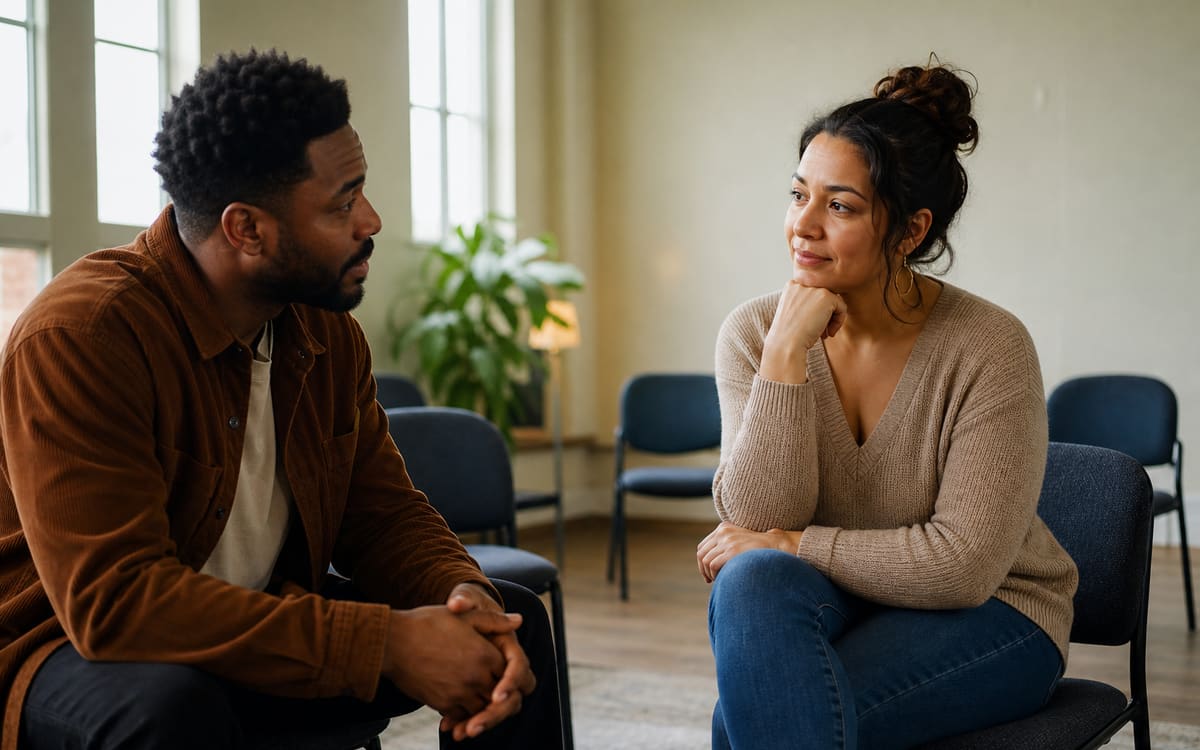 Two adults having a calm, supportive conversation in a quiet community space