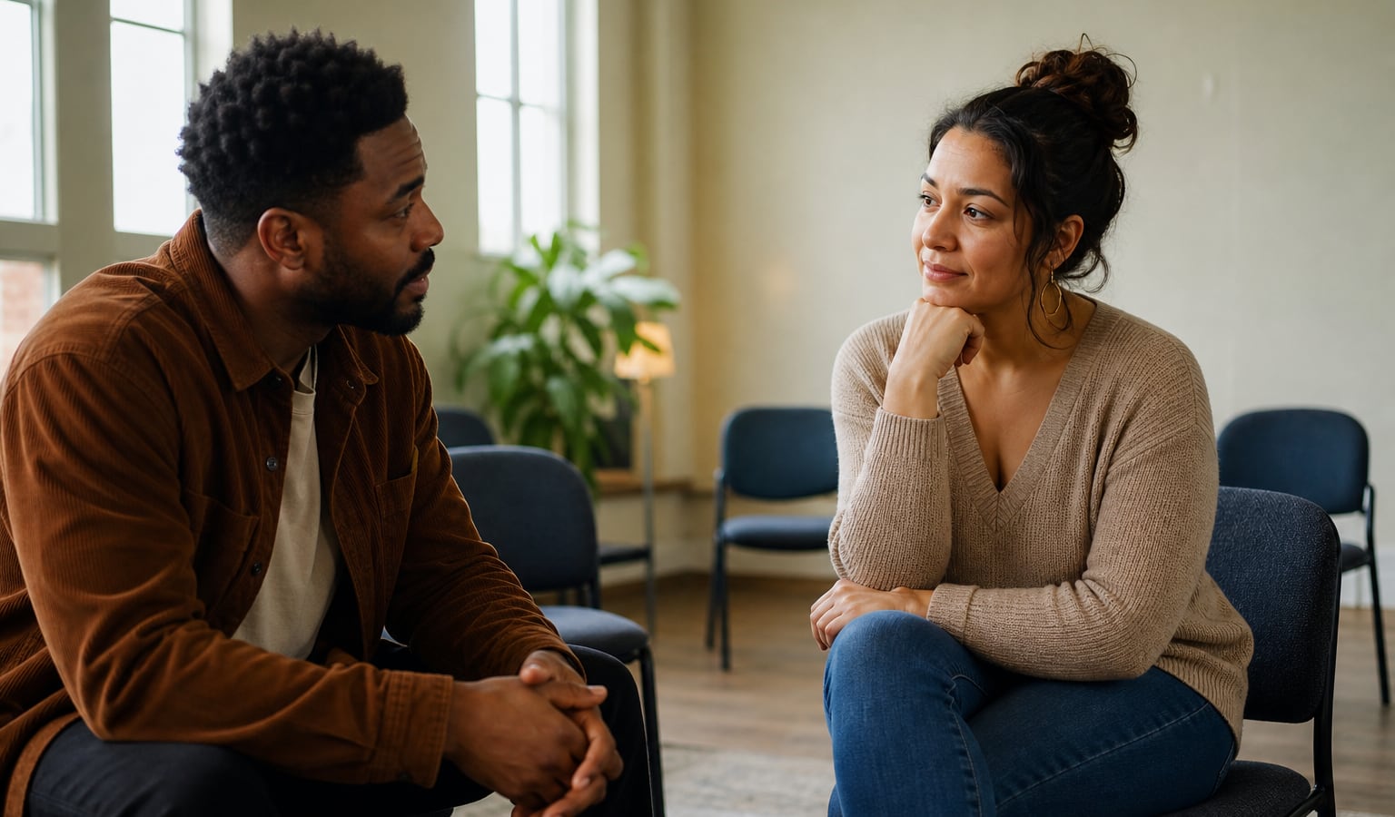 Two adults having a calm, supportive conversation in a quiet community space