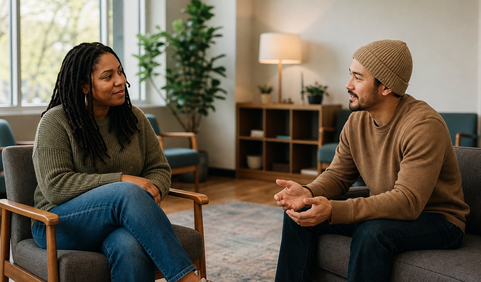Two adults having a supportive recovery conversation in a quiet community room