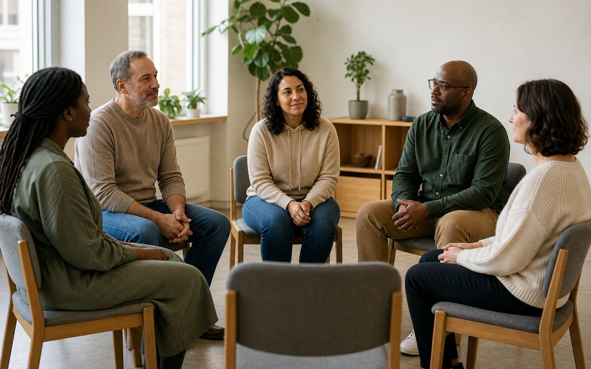 A welcoming group of adults talking together in a calm community room