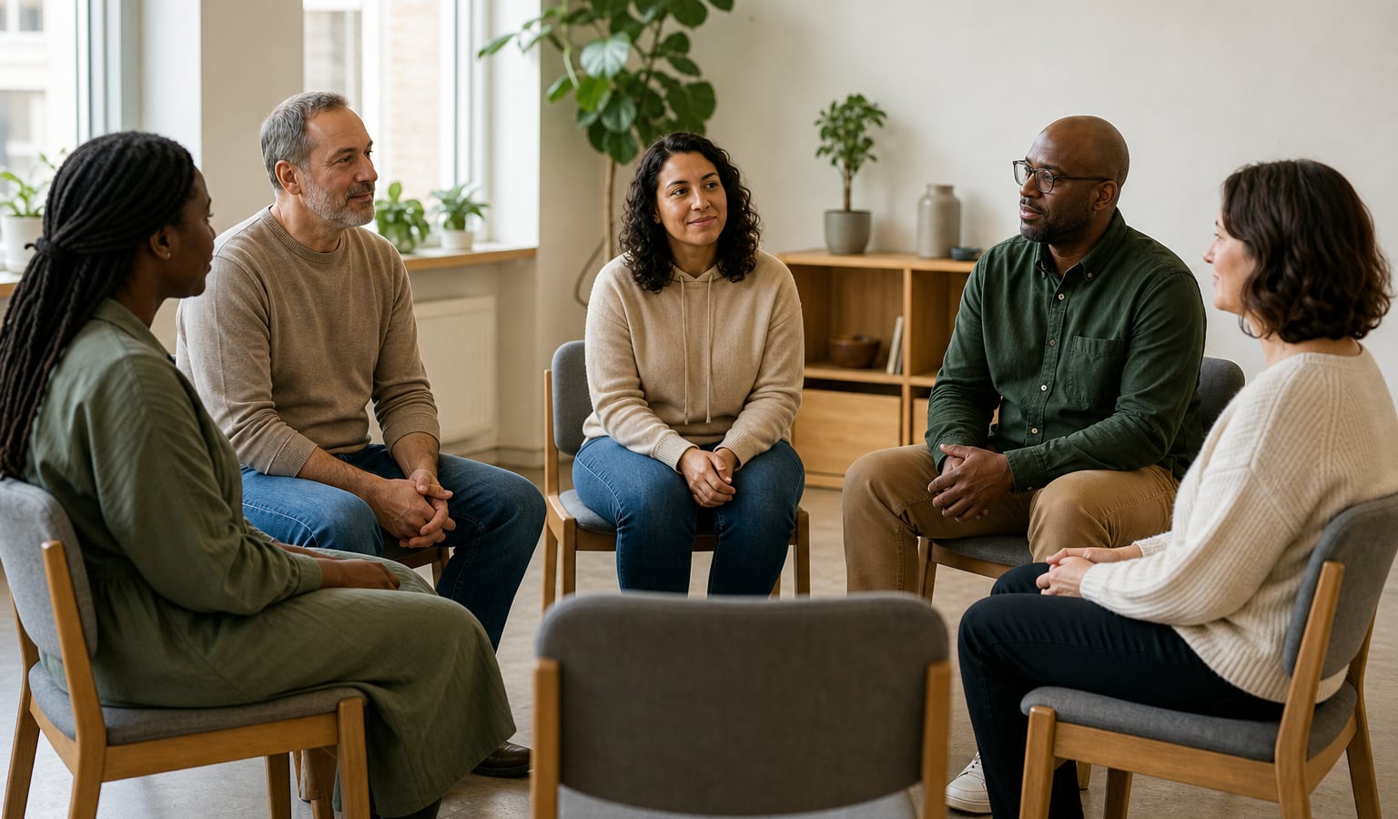 A welcoming group of adults talking together in a calm community room