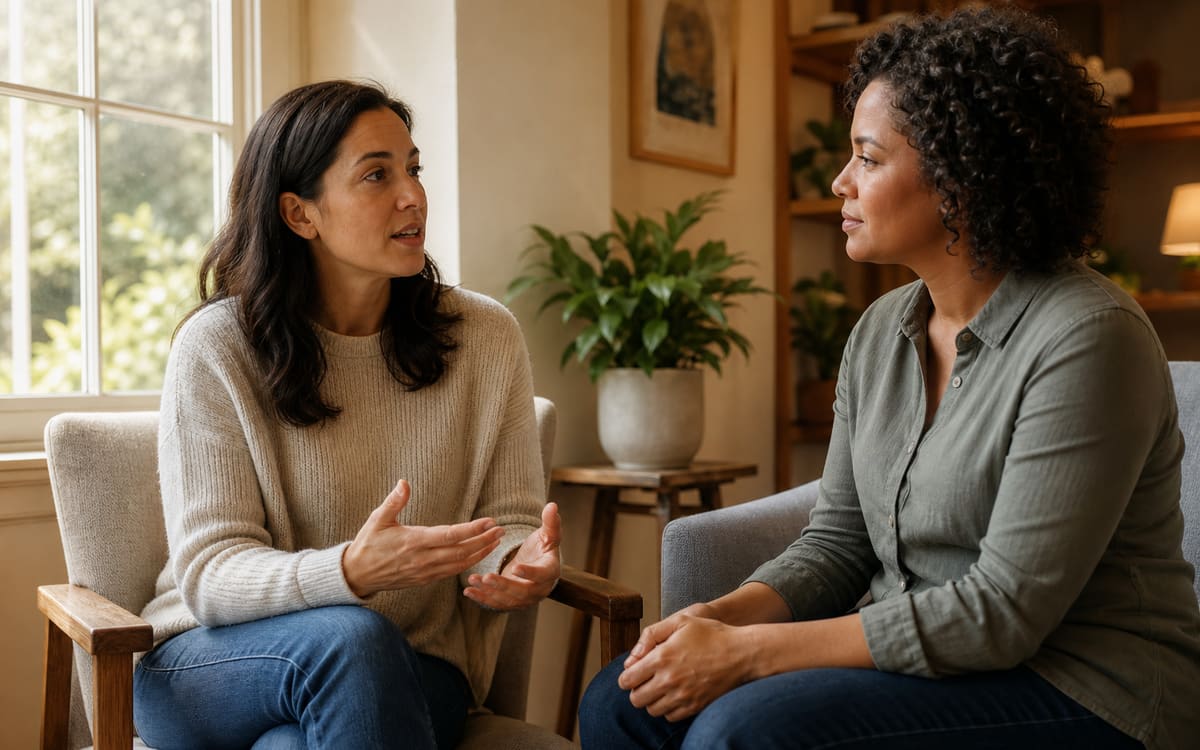 Adult reflecting calmly beside a supportive friend in a warm, peaceful setting