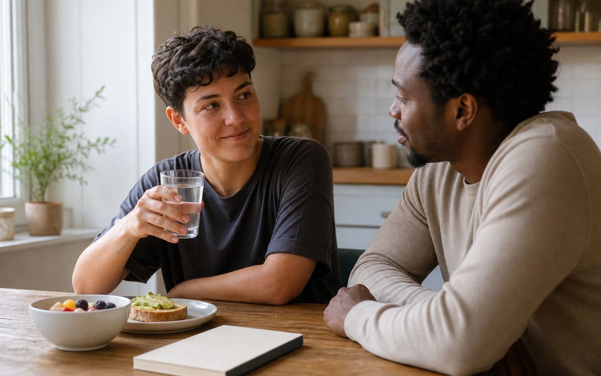 Adult beginning a calm alcohol-free morning with water and supportive company