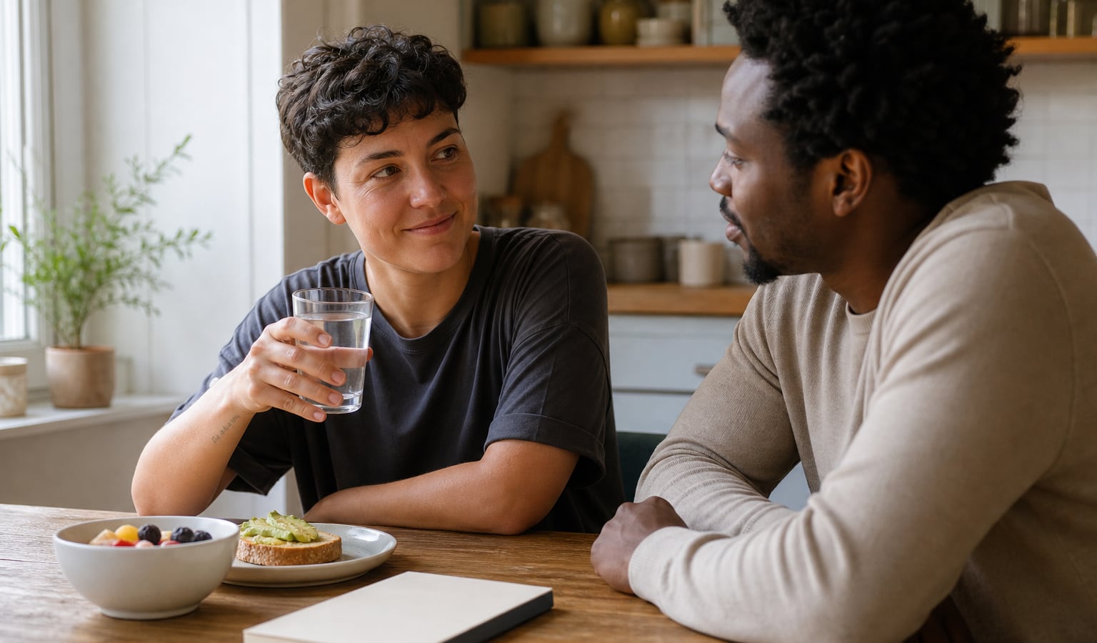Adult beginning a calm alcohol-free morning with water and supportive company
