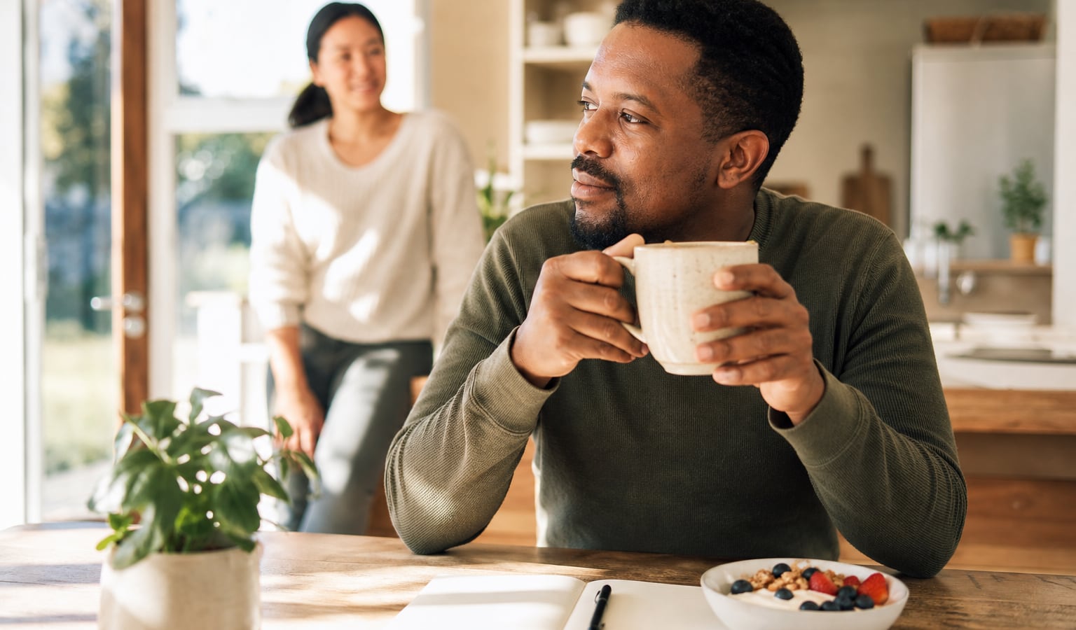 Adult beginning a hopeful morning routine during their first week without alcohol